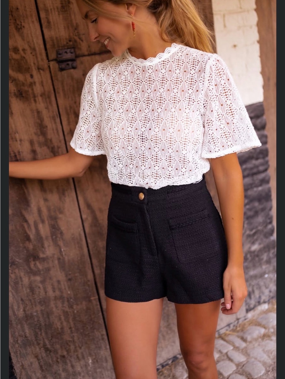High-Waist Textured Black Knit Shorts with Front Pockets